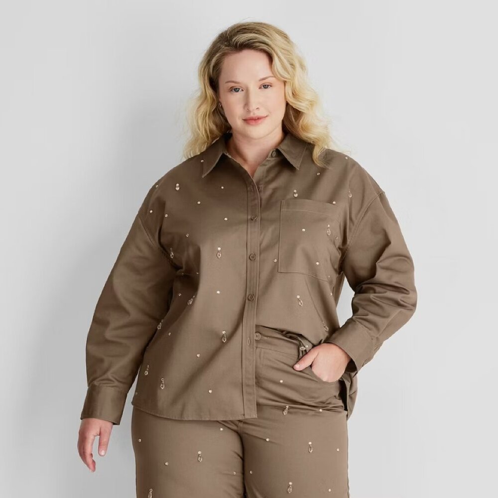 new Size 1X Future Collective Women's Embellished Twill Shacket in Olive color